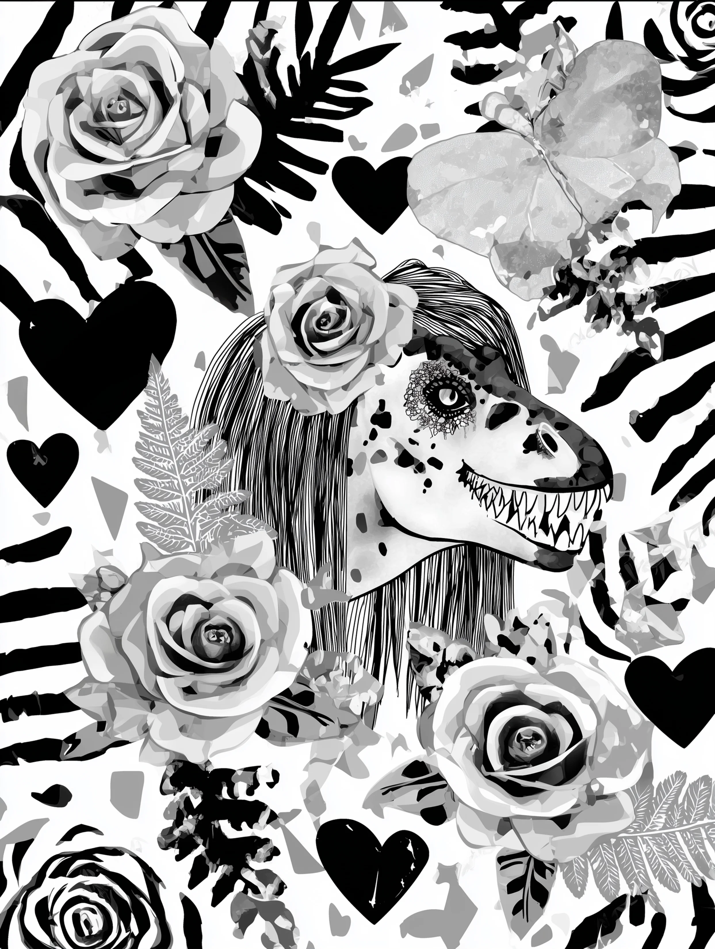 Free printable dinosaur coloring page for adults featuring a dinosaur with long hair